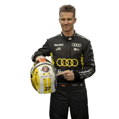 Nico Hulkenberg wearing a Audi Monaco GP racing suit with various sponsor logos with Close View