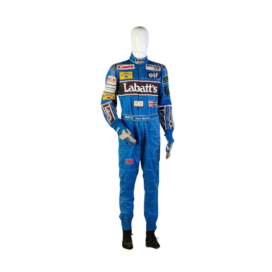 Front view of Nigel Mansell’s 1992 Formula 1 racing suit, featuring a vibrant blue base with red and white detailing, iconic sponsor logos, and a bold chest panel.