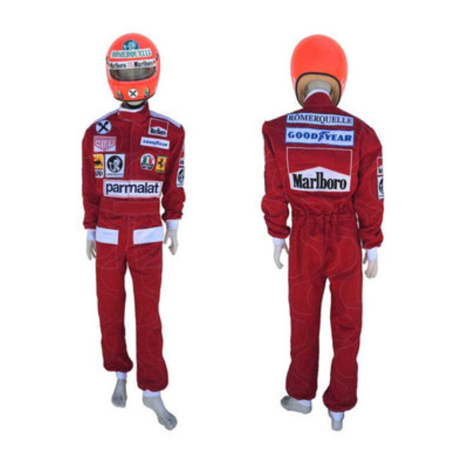 Front view of Niki Lauda’s 1976 F1 racing suit, featuring Ferrari's classic red color with sponsor logos, worn during his legendary comeback after a life-threatening crash.
Back view of Niki Lauda’s 1976 racing suit, showcasing the red Ferrari design and sponsor patches, a symbol of Lauda's courage and perseverance in his remarkable return.