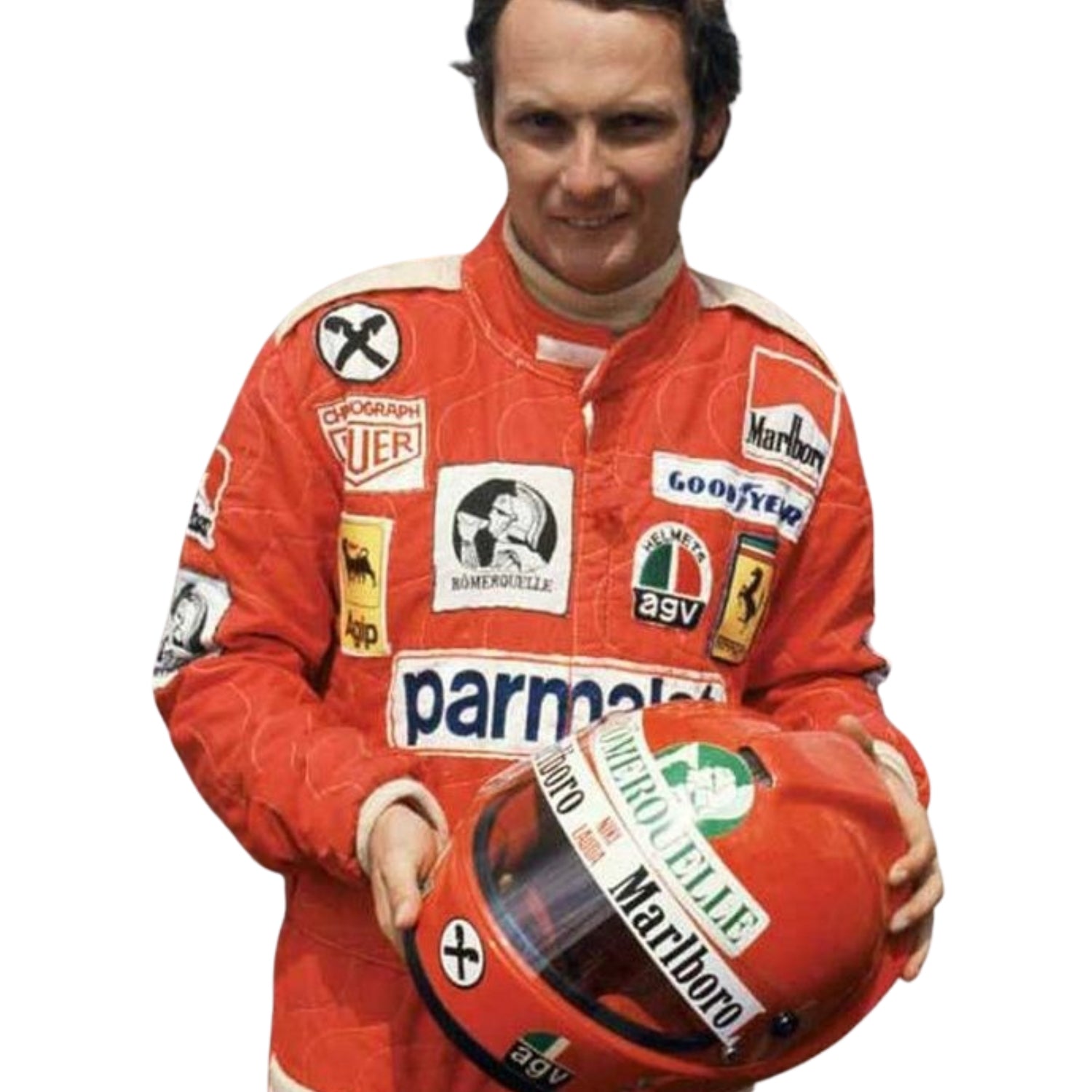 Close-up of Niki Lauda’s 1976 racing suit detailing, capturing the fine craftsmanship of Ferrari’s design and the sponsor logos, a testament to his legendary comeback.