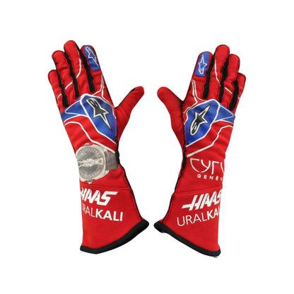 Red Nikita Mazepin 2021 Mexico GP F1 race gloves with blue and white design on a white background