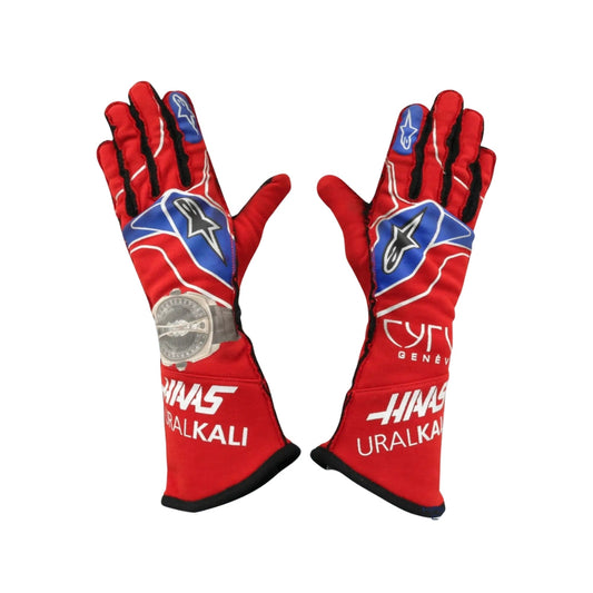 Red Nikita Mazepin 2021 Mexico GP F1 race gloves with blue and white design on a white background
