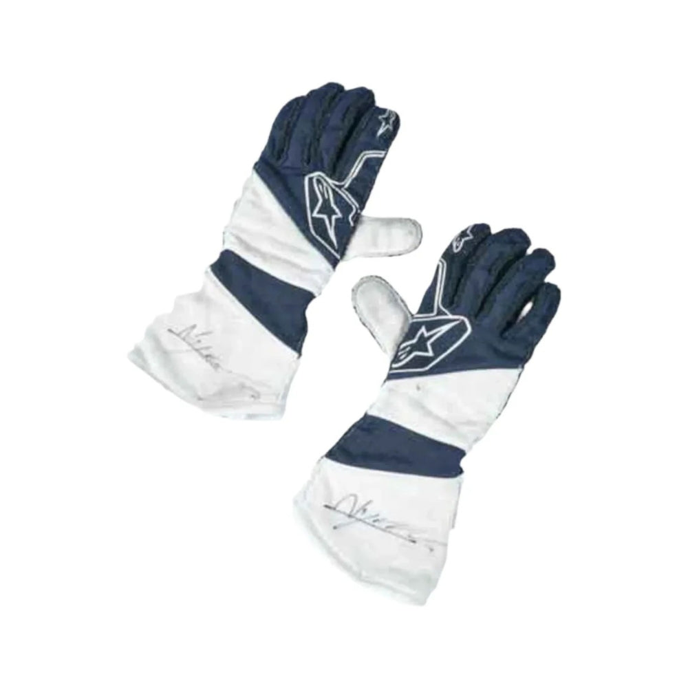 Pair of navy and white Nyck de Vries 2022 F1 Race gloves with a logo on a white background