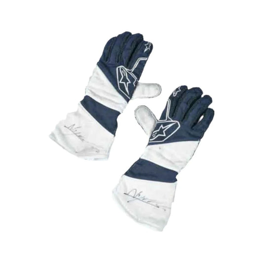 Pair of navy and white Nyck de Vries 2022 F1 Race gloves with a logo on a white background