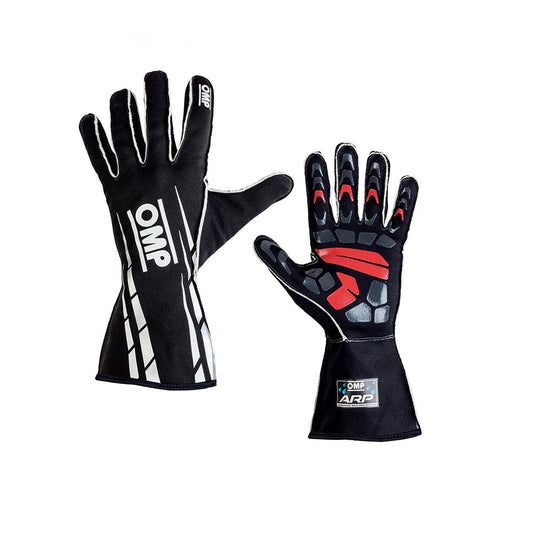 Black OMP ARP Rainproof Professional Kart race gloves with visible branding on a white background