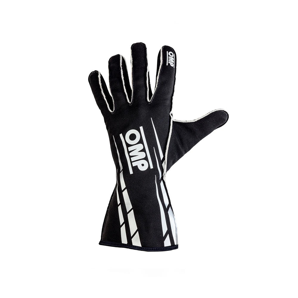Black race glove with white accents and 'OMP' branding on a white background