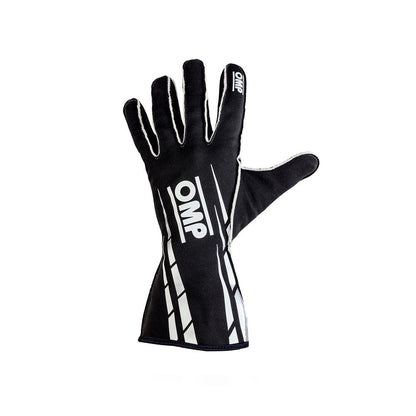 Black race glove with white accents and 'OMP' branding on a white background