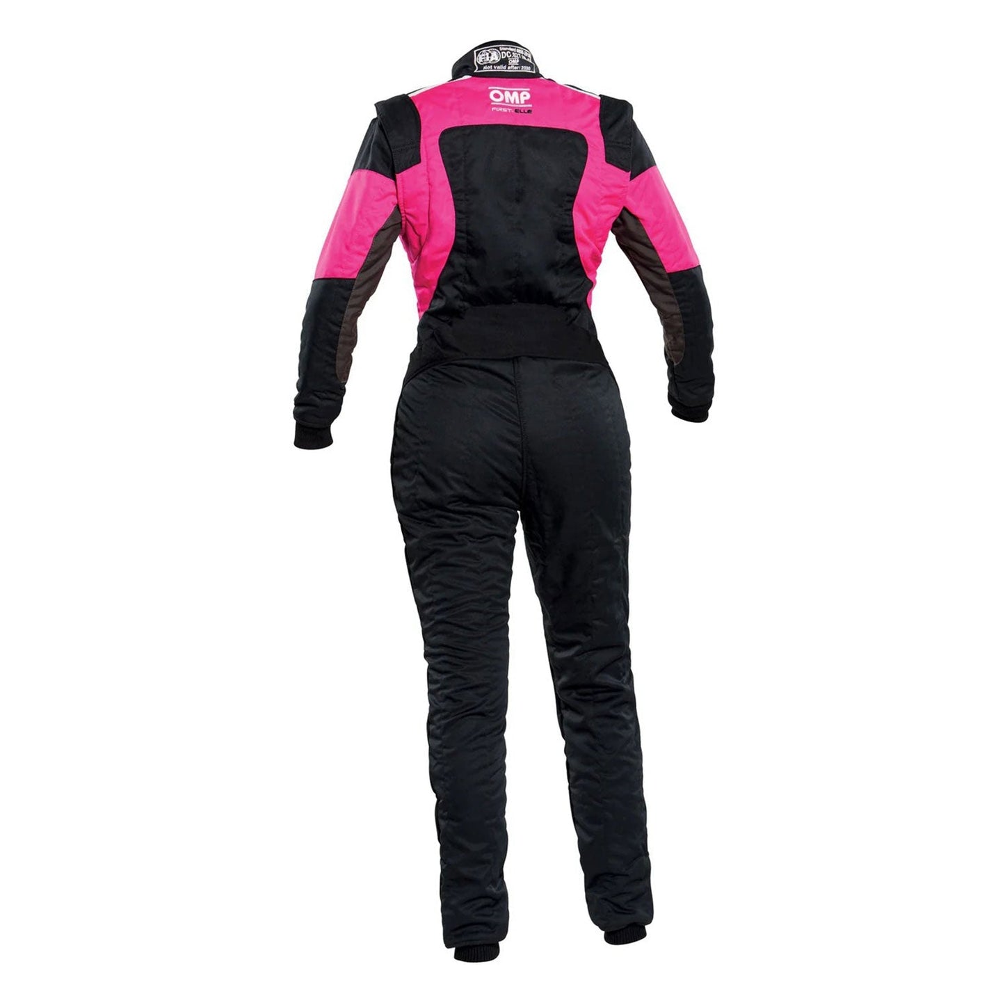 Back view of OMP FIRST ELLE Black/Pink Women's Go Kart Racing Suit - STORMX GEAR