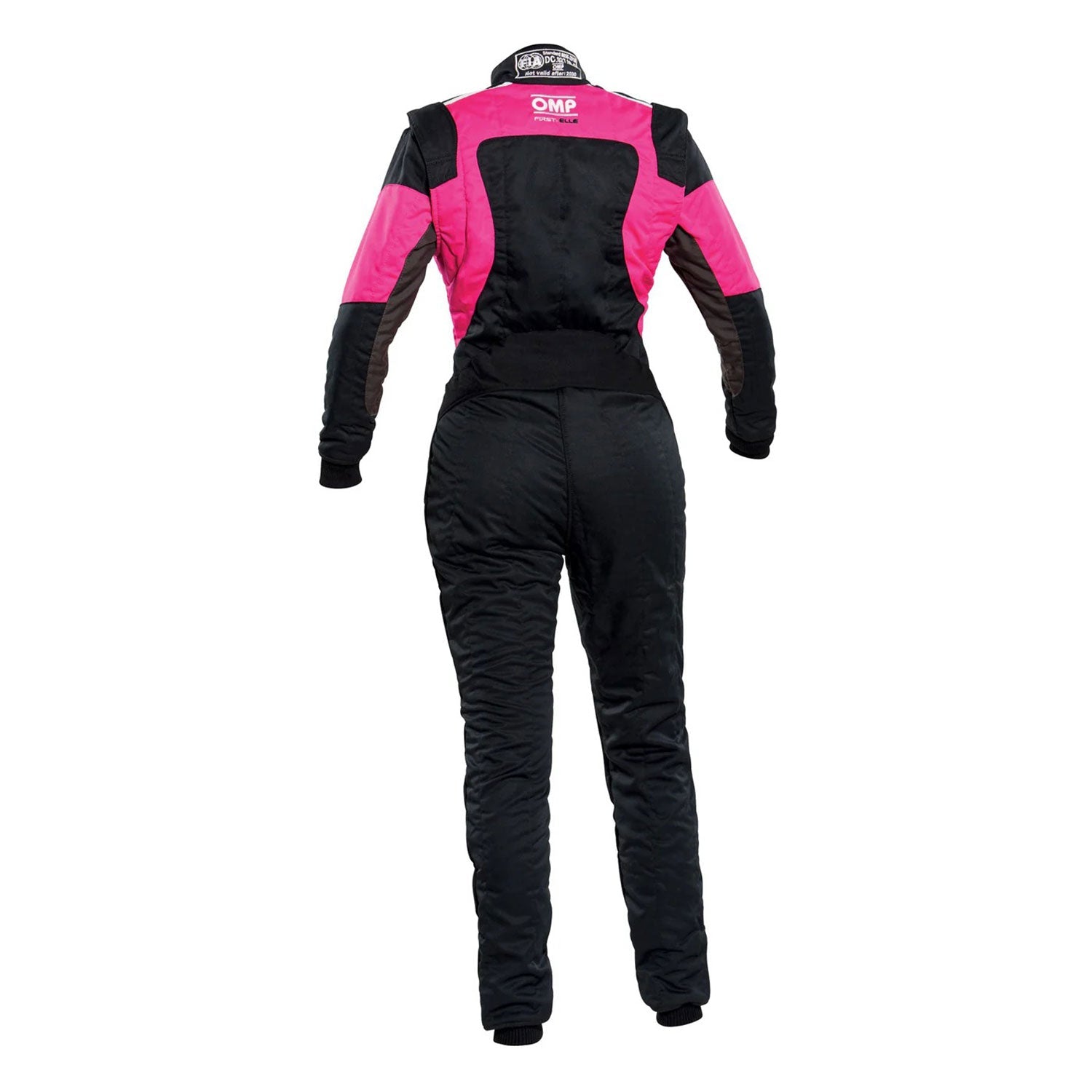 Back view of OMP FIRST ELLE Black/Pink Women's Go Kart Racing Suit - STORMX GEAR