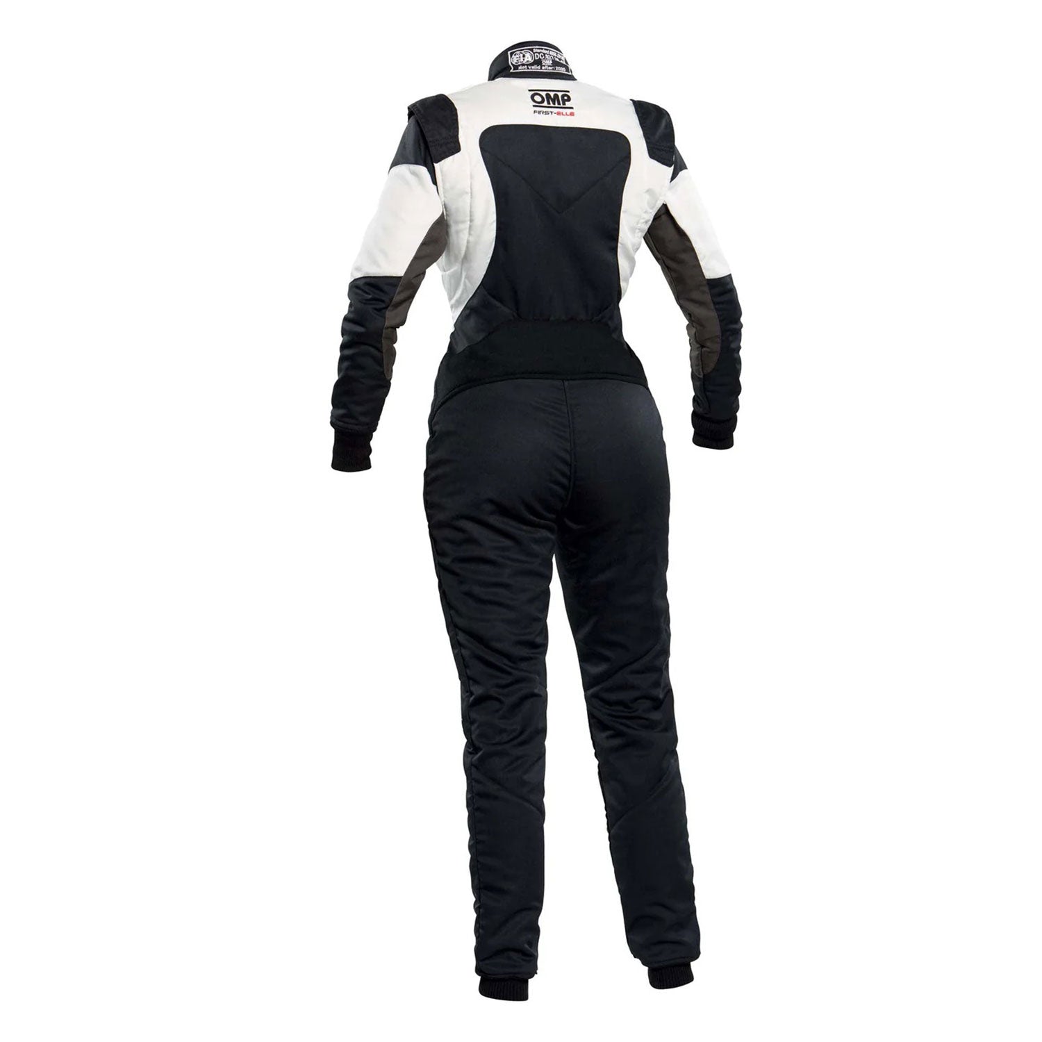 Back View of OMP FIRST ELLE Black/White Women's Go Kart Racing Suit - STORMX GEAR