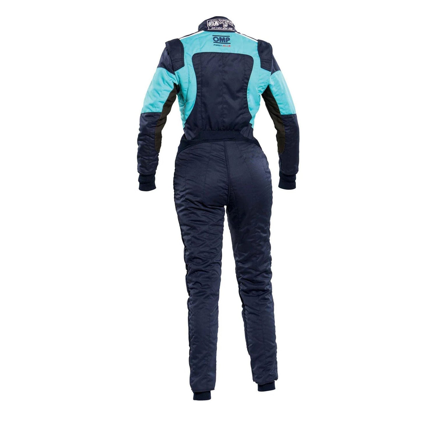 Back View of OMP FIRST ELLE Navy Blue/Light Blue Women's Go Kart Racing Suit - STORMX GEAR