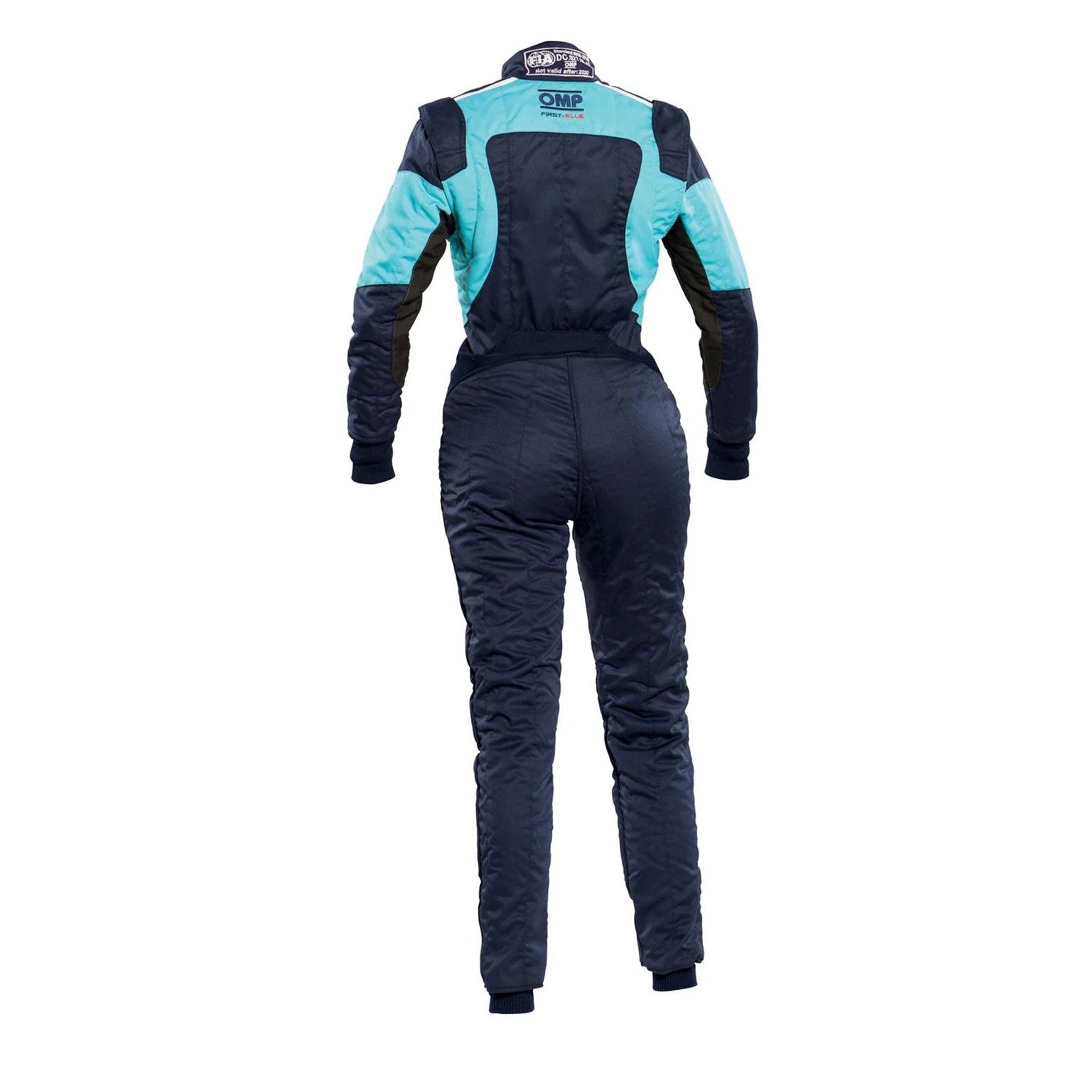 Back View of OMP FIRST ELLE Navy Blue/Light Blue Women's Go Kart Racing Suit - STORMX GEAR