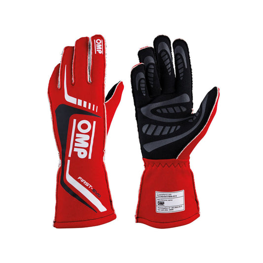 Red and black OMP First-EVO Race gloves with OMP branding on a white background