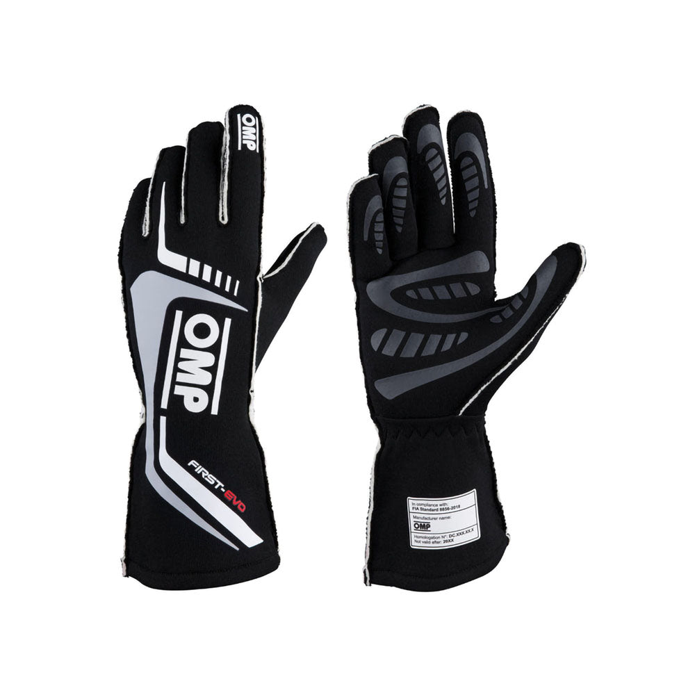 Pair of black and gray OMP First-EVO Race gloves with OMP branding on a white background
