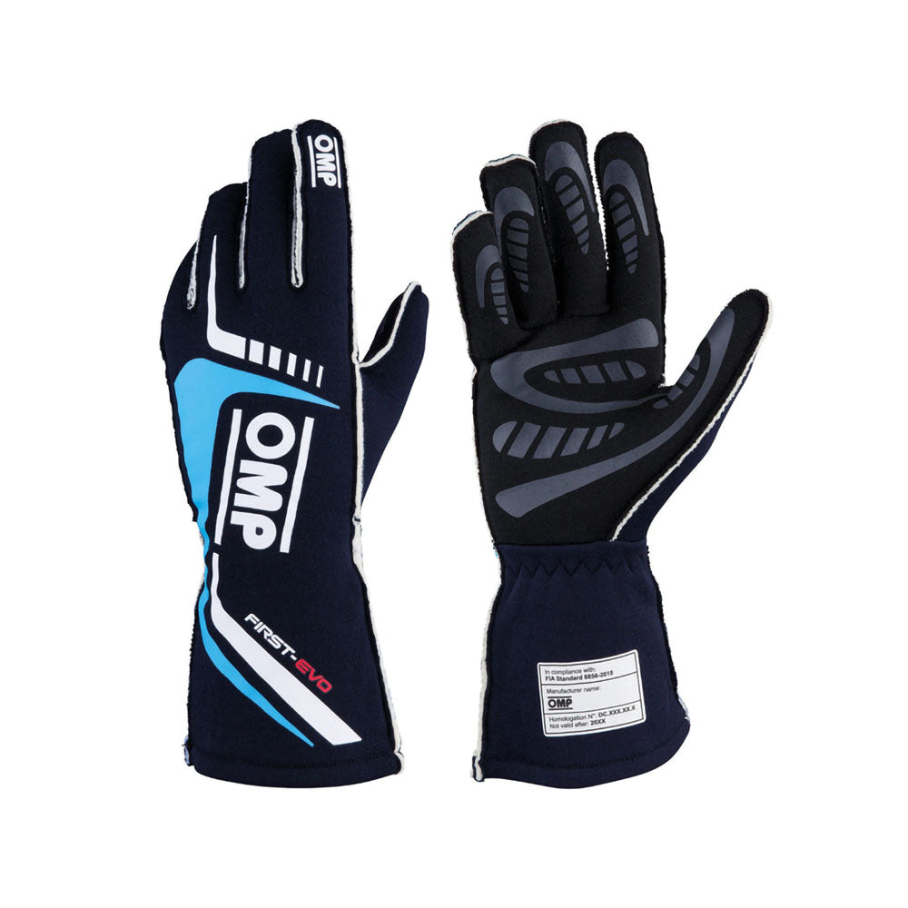 Pair of black OMP First-EVO Race gloves with blue and white accents on a white background