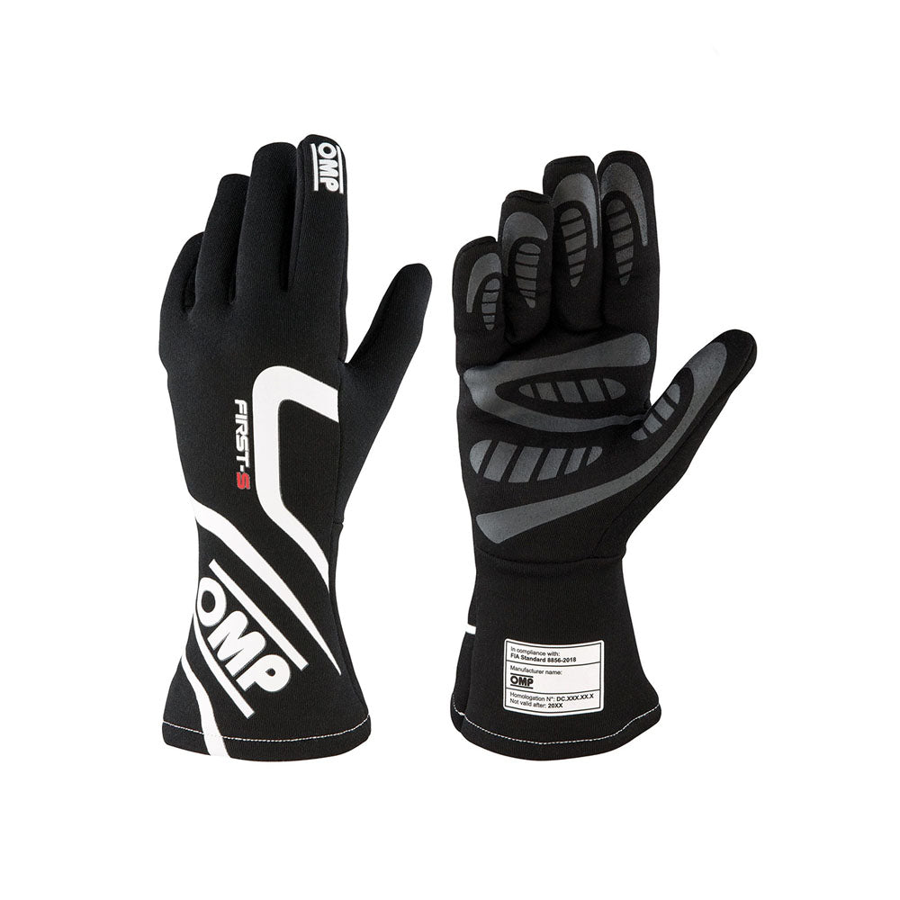 Black OMP First-S Race gloves with OMP branding on a white background