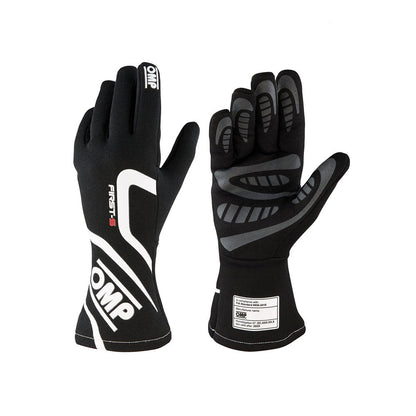 Black OMP First-S Race gloves with OMP branding on a white background