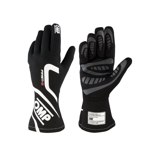 Black OMP First-S Race gloves with OMP branding on a white background
