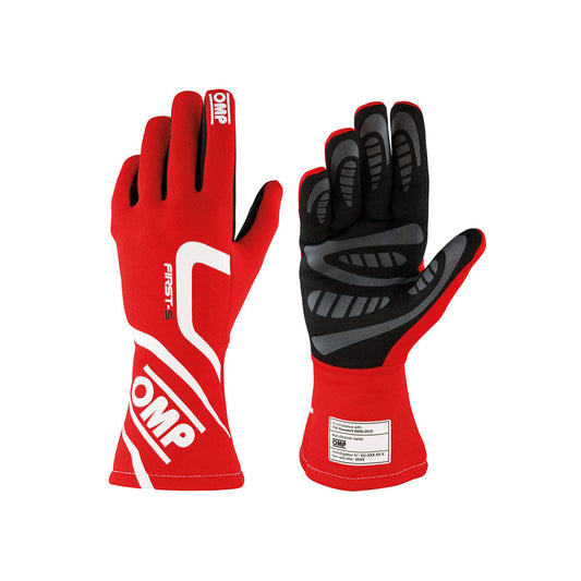 Red and black OMP First-S Race gloves with OMP branding on a white background