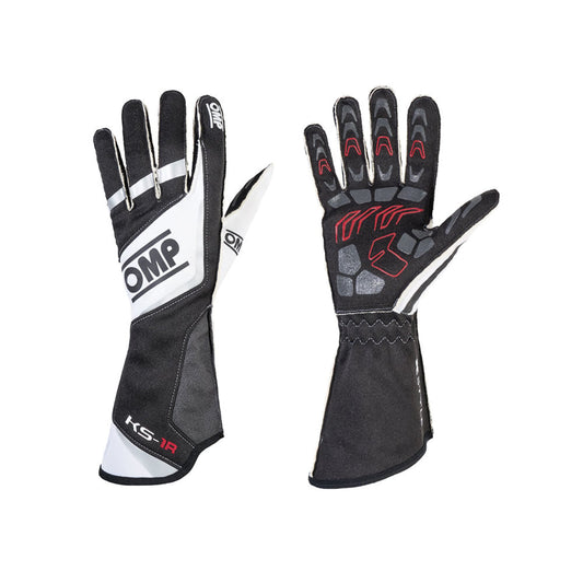 Pair of black and white OMP KS-1R race gloves with red accents on a white background