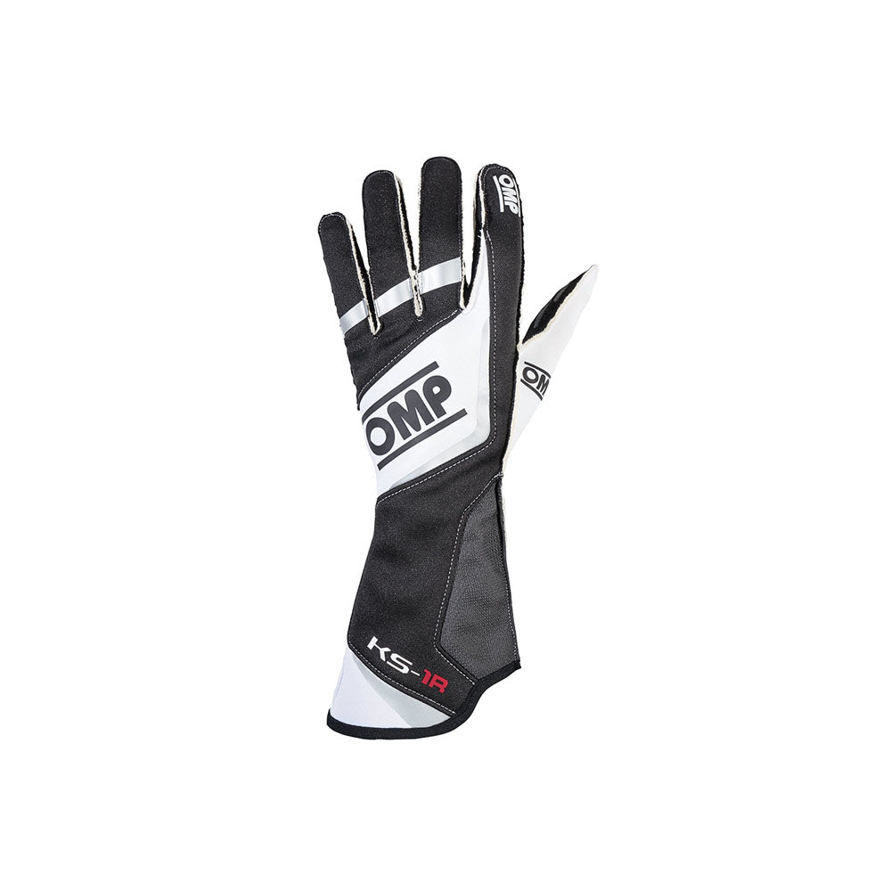 Black and white OMP KS-1R race glove with OMP branding on a white background