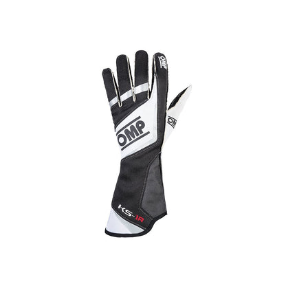 Black and white OMP KS-1R race glove with OMP branding on a white background