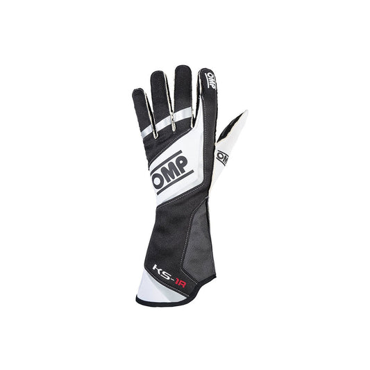 Black and white OMP KS-1R race glove with OMP branding on a white background