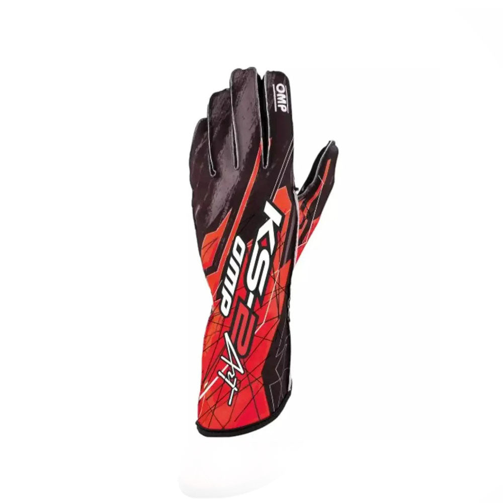 Red and black OMP KS-2R Art Kart race glove with 'KS2' branding on a white background