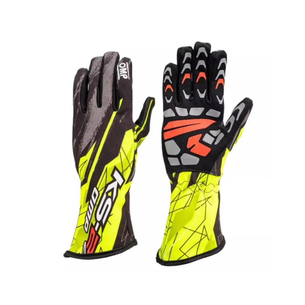 Pair of OMP KS-2R Art Kart race gloves with a yellow, black, and red design on a white background
