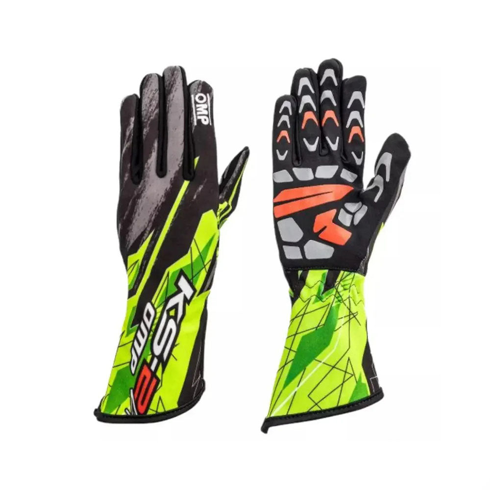 Pair of OMP KS-2R Art Kart race gloves with green, black, and orange design on a white background