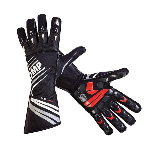 Black and red OMP KS-2R Kart race gloves with visible branding on a white background