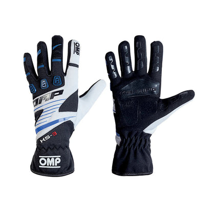 Pair of black and white OMP KS-3 Kart race gloves with OMP branding on a white background
