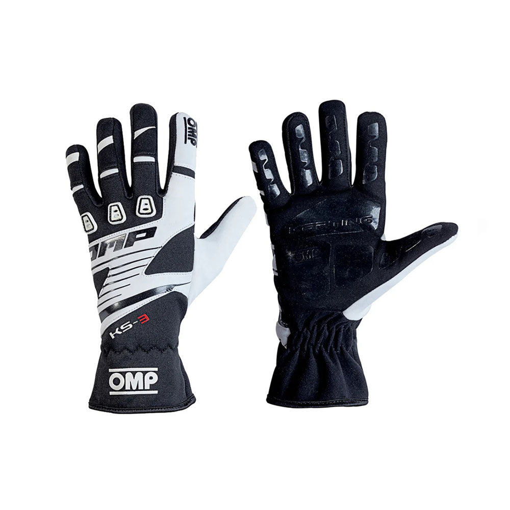 Pair of black and white OMP KS-3 Kart race gloves with OMP branding on a white background