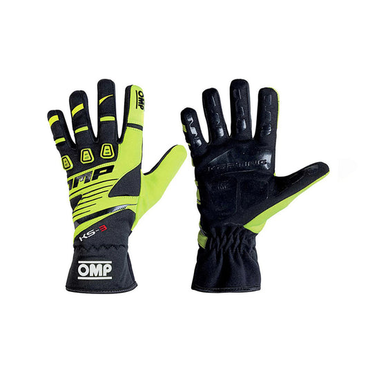 Pair of black and yellow OMP KS-3 Kart race gloves with OMP branding on a white background