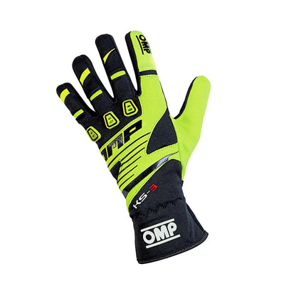 Black and yellow OMP KS-3 Kart race glove with OMP branding on a white background