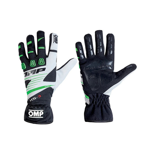 Pair of black and green OMP KS-3 Youth Kart race gloves with OMP branding on a white background