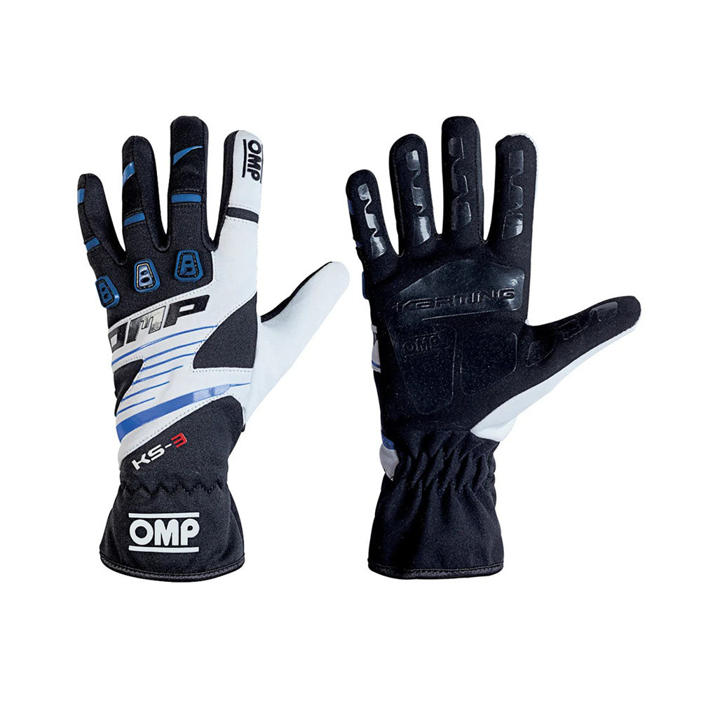 Pair of black and white OMP KS-3 Youth Kart race gloves with OMP branding on a white background