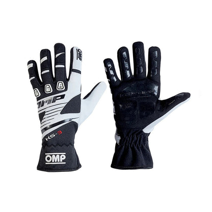 Pair of black and white OMP KS-3 Youth Kart race gloves with OMP branding on a white background