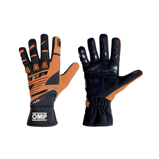 Pair of black and orange OMP KS-3 Youth Kart race gloves with OMP branding on a white background
