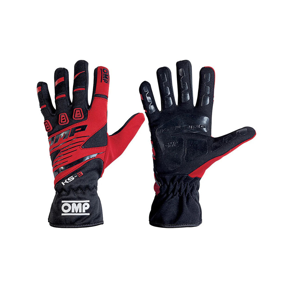 Black and red OMP KS-3 Youth Kart race gloves with OMP branding on a white background