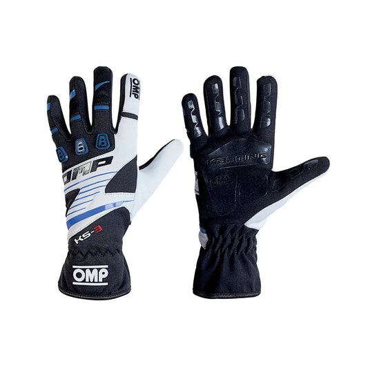 Pair of black and white OMP KS-4 2022 Kart race gloves with OMP branding on a white background