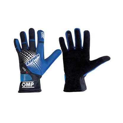 Pair of black and blue OMP KS-4 2022 Kart race gloves with OMP branding on a white background