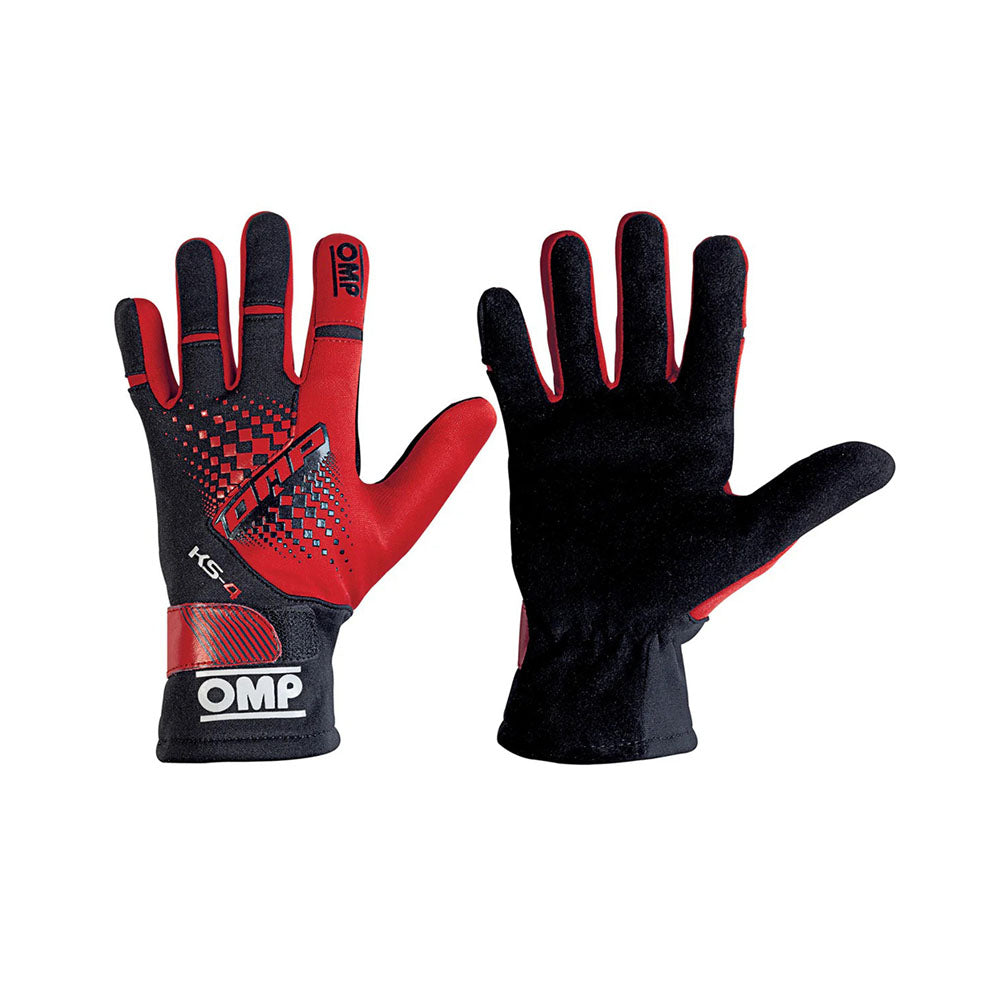 Black and red OMP KS-4 2022 Kart race gloves with OMP logo on a white background