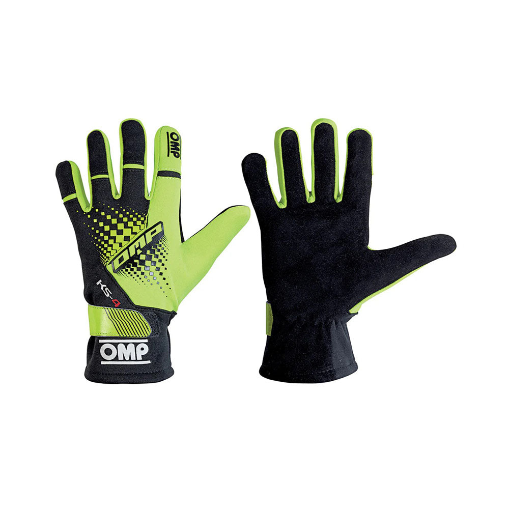 Black and green OMP KS-4 2022 Kart race gloves with OMP branding on a white background
