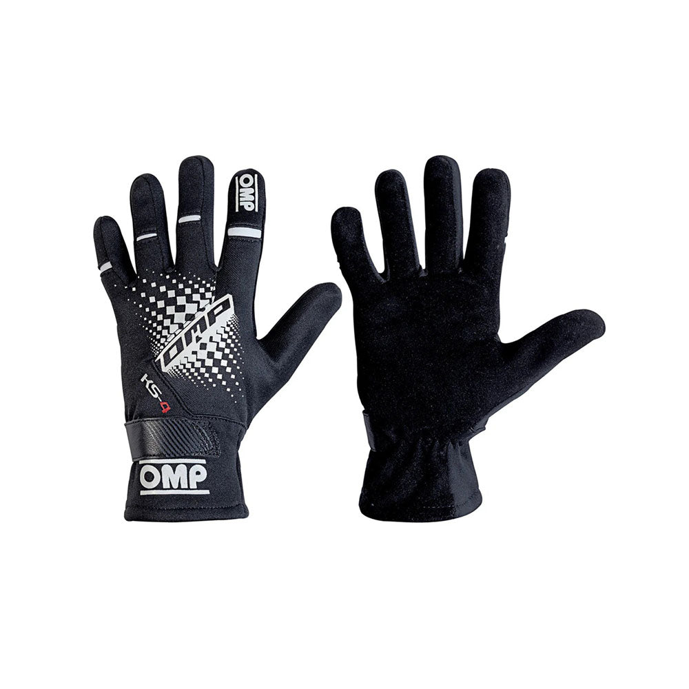Pair of black OMP KS-4 2022 Youth Kart race gloves with checkered pattern on a white background