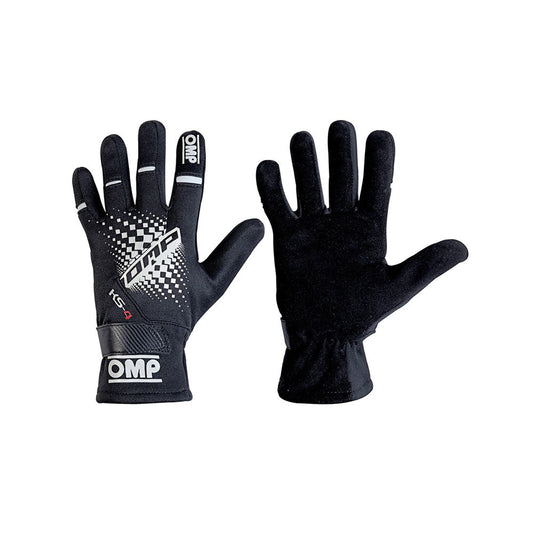 Pair of black OMP KS-4 2022 Youth Kart race gloves with checkered pattern on a white background