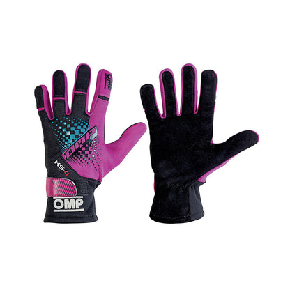 Pair of black and pink OMP KS-4 2022 Youth Kart race gloves with OMP logo on a white background