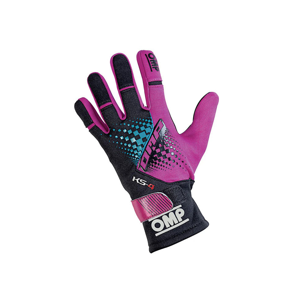 Pink and black OMP KS-4 2022 Youth Kart race glove with OMP branding on a white background