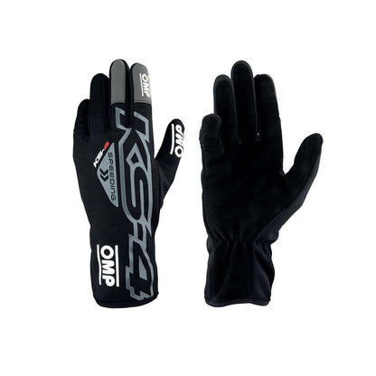 Black OMP KS-4 Kart race gloves with OMP branding on a white background