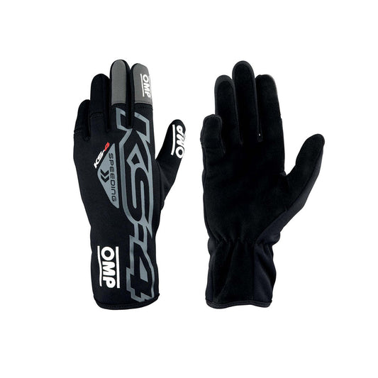 Black OMP KS-4 Kart race gloves with OMP branding on a white background